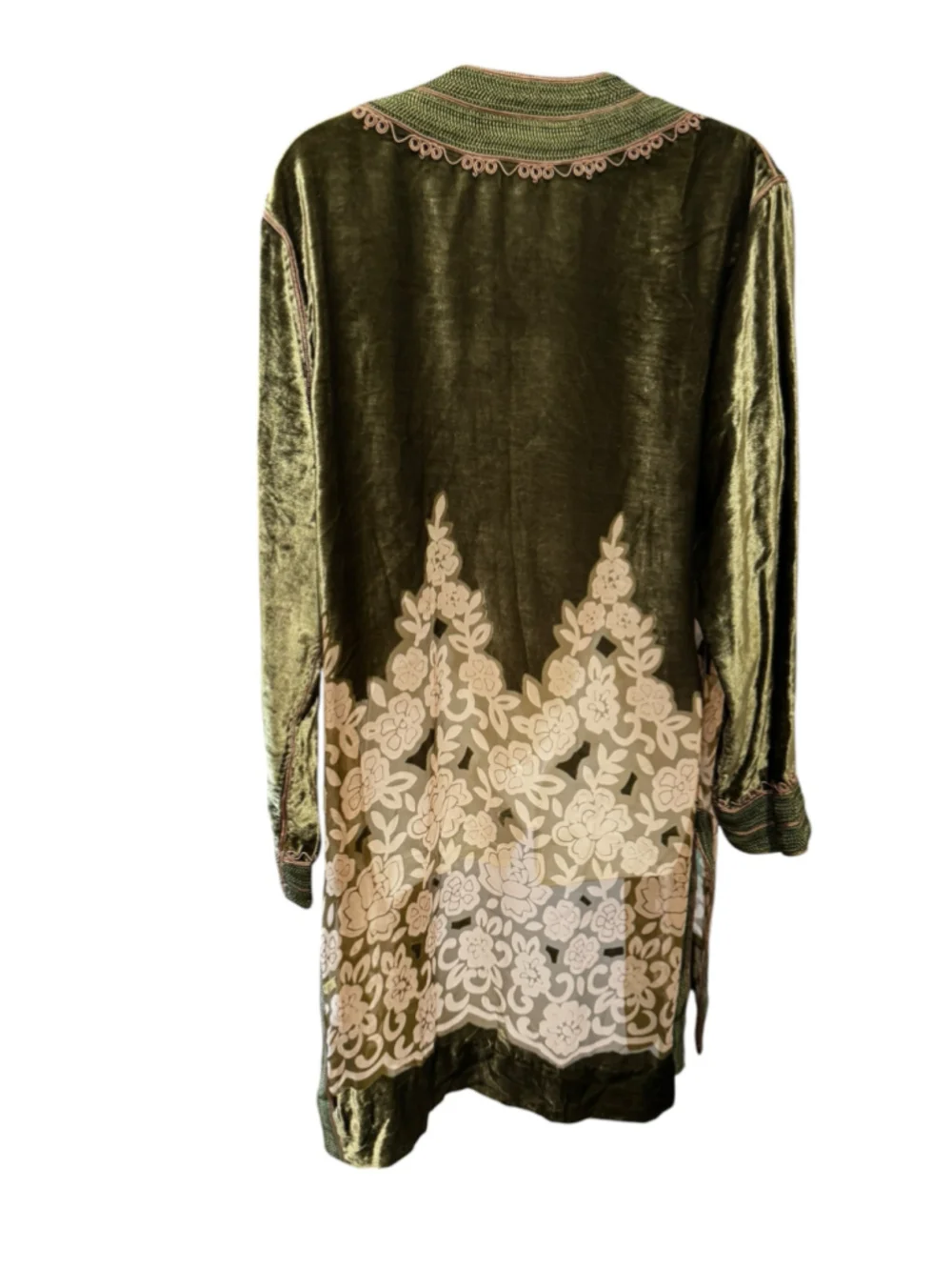 Maison du Cafian Velvet Floral Kaftan Jacket Size M Green Beige